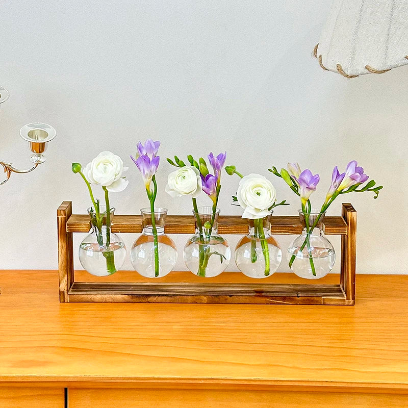 Vaso Hidropônico Formato Lampada com Base de Madeira — Decoração para Mesa e Escritório