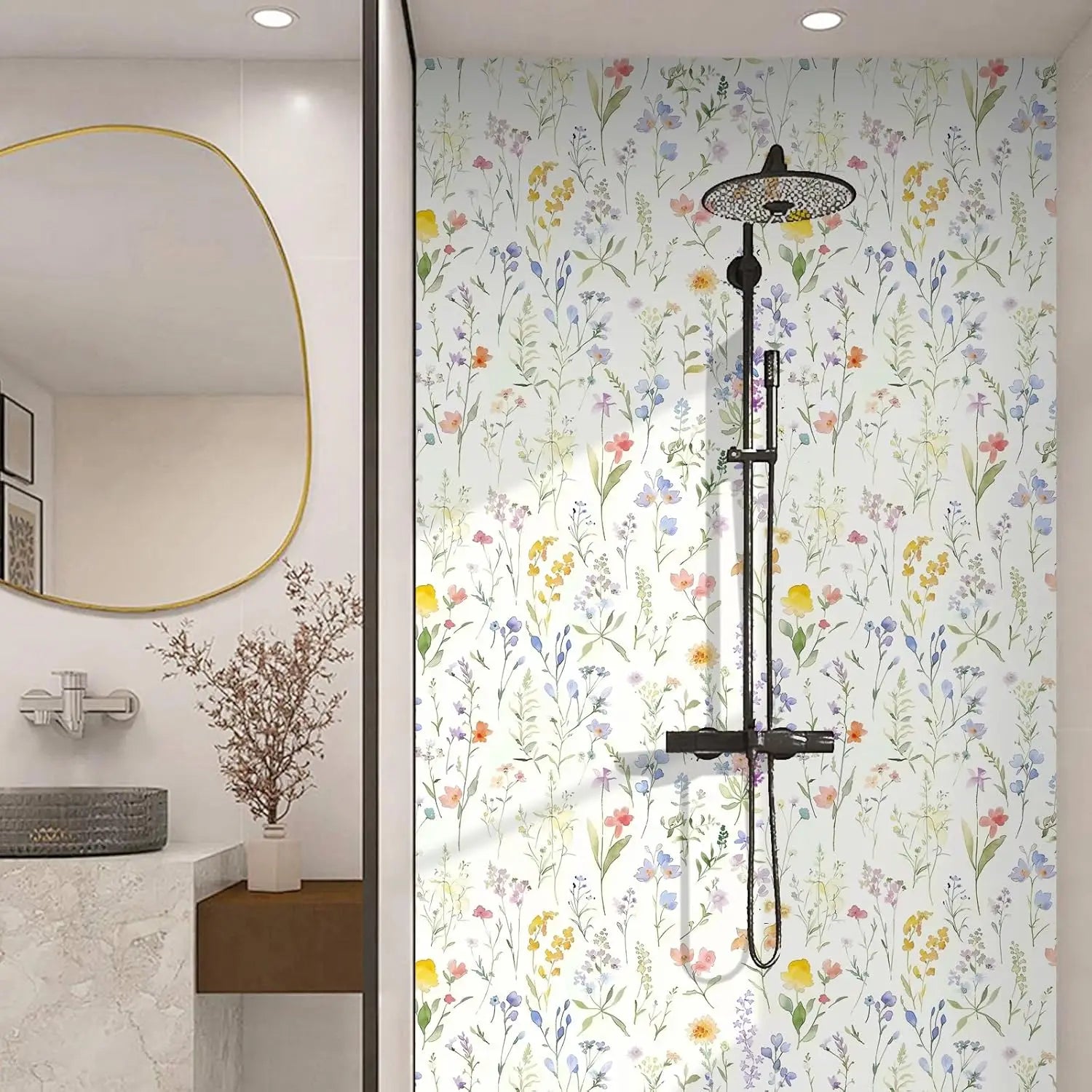 Papel de Parede Boho Floral com Folhas Removível Autocolante — Para Banheiro e Quarto
