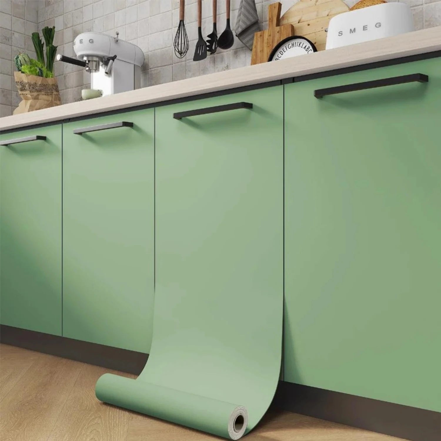 Papel de Parede PVC Autocolante Fosco Verde, Branco e Preto — Para Sala e Prateleiras