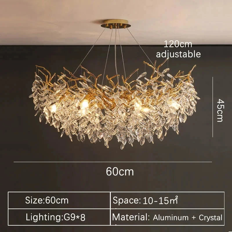 Lustre de Cristal Dourado LED — Pendente de Luxo para Sala