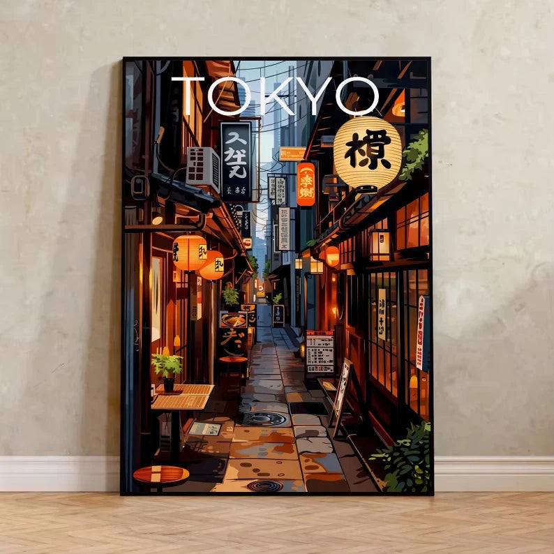 Quadro Decorativo Rua Japonesa Noite Chuvosa — Arte de Paisagem Retrô para Sala e Quarto