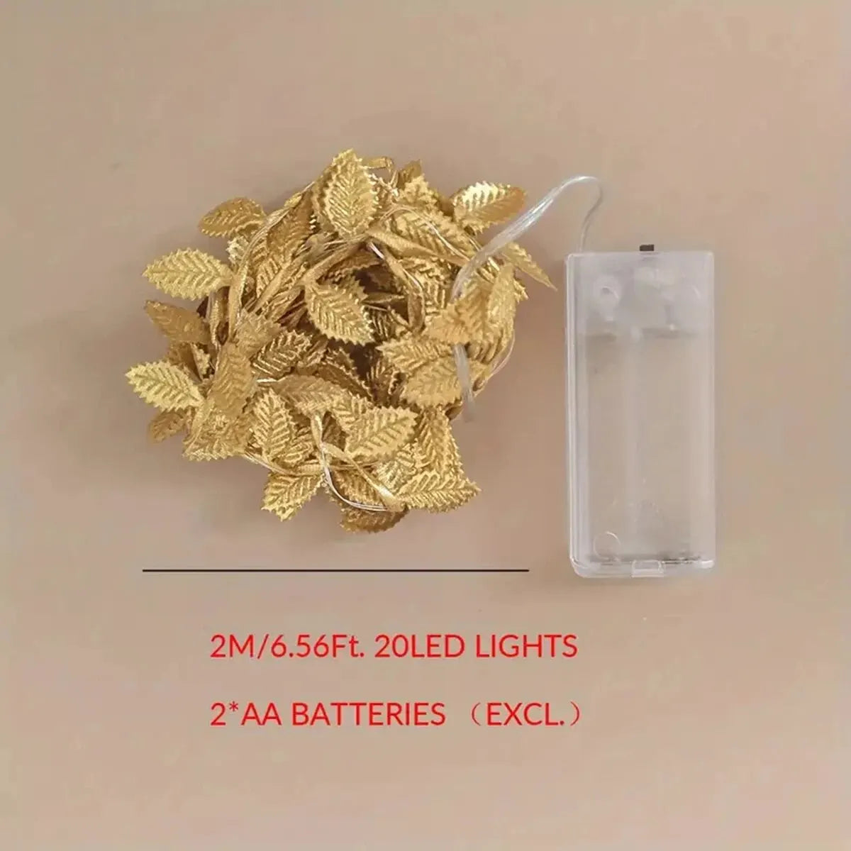 Cordão de Luzes LED Folhas Doradas 2m — Fio de Cobre a Pilha para Decoração e Festas