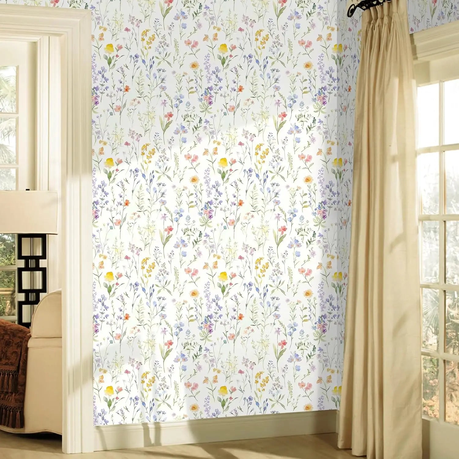 Papel de Parede Boho Floral com Folhas Removível Autocolante — Para Banheiro e Quarto