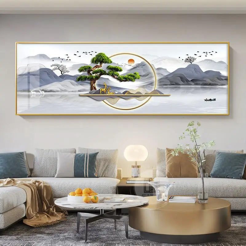 Quadro Decorativo Cervo Dourado Estilo Chinês — Arte Feng Shui para Sala sem Moldura