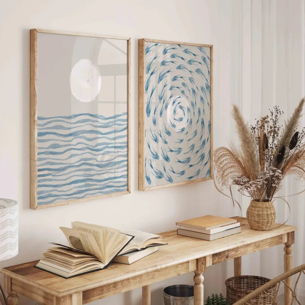 Kit 2 Quadros Oceano Azul Ondas — Arte Boho Vintage Sem Moldura para Sala e Quarto