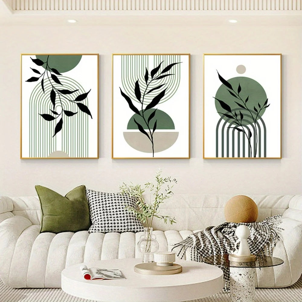 Kit 3 Quadros Boho Verde Sage — Arte Botânica Abstrata para Sala e Quarto