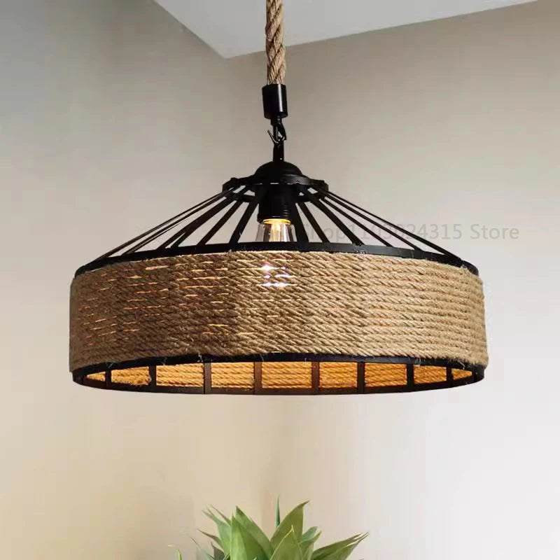 Lustre Pendente de Corda de Sisal — Luminária Industrial Retrô para Sala de Jantar