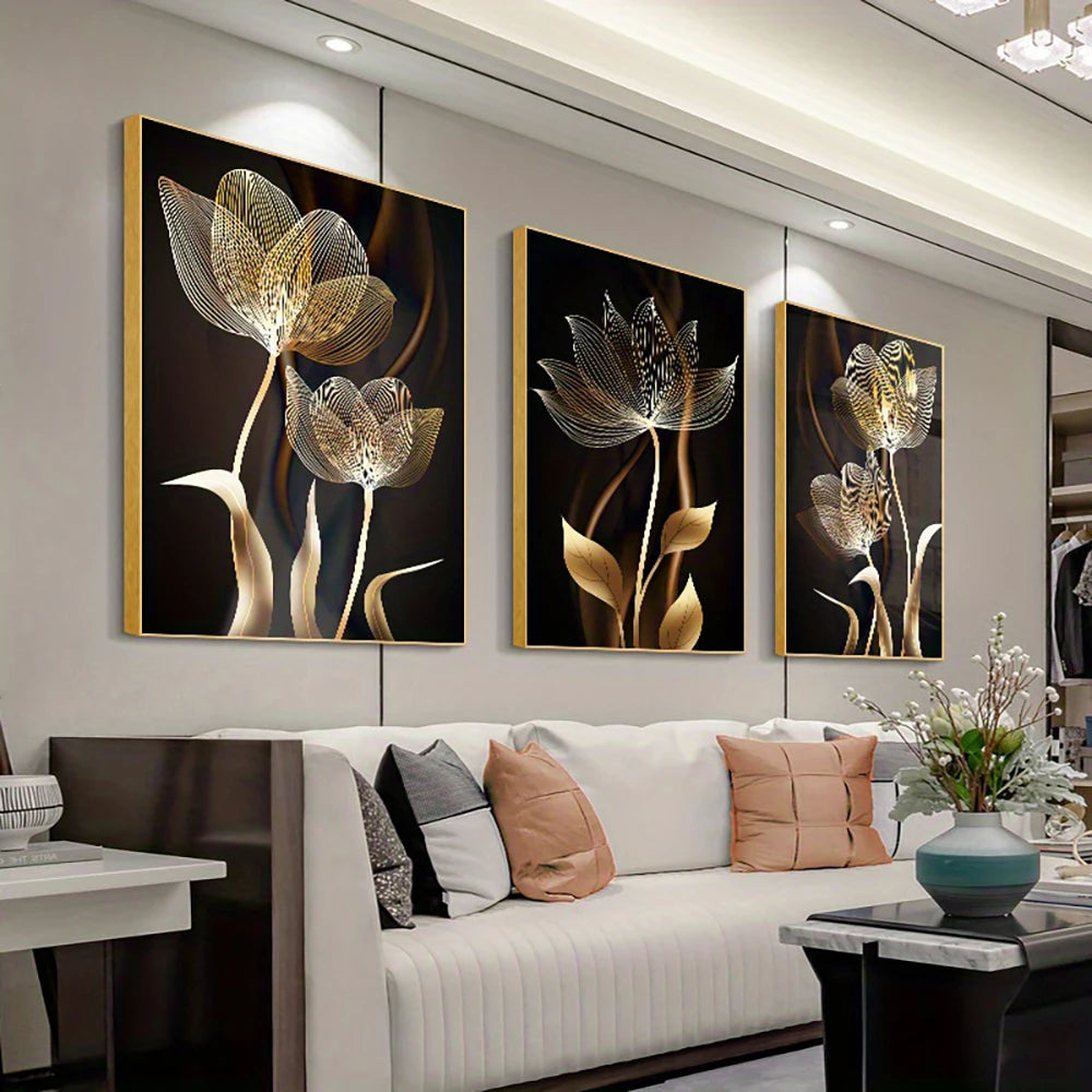 Kit 3 Quadros Flores Preto e Dourado — Arte Abstrata Moderna para Sala