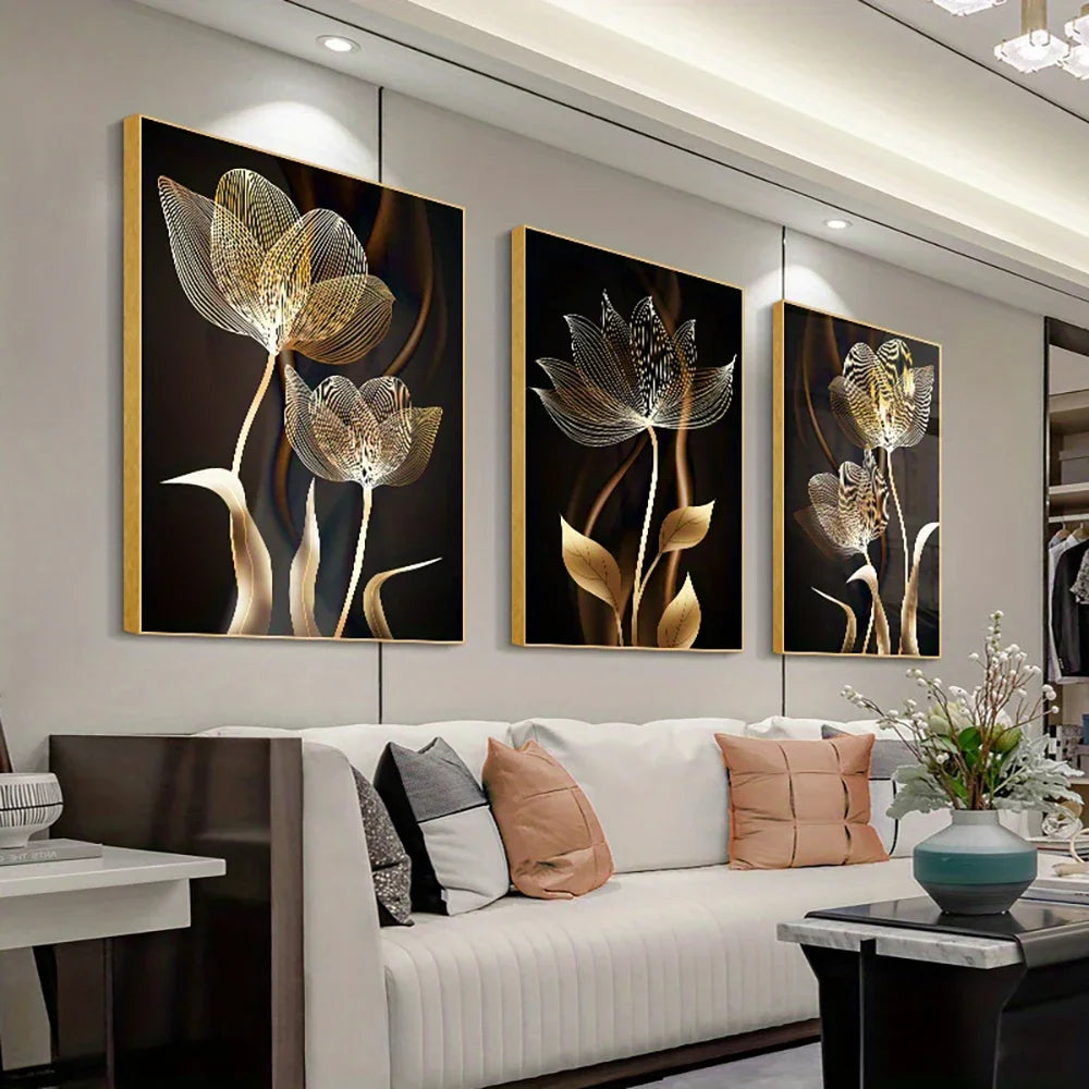 Kit 3 Quadros Flores Preto e Dourado — Arte Abstrata Moderna para Sala