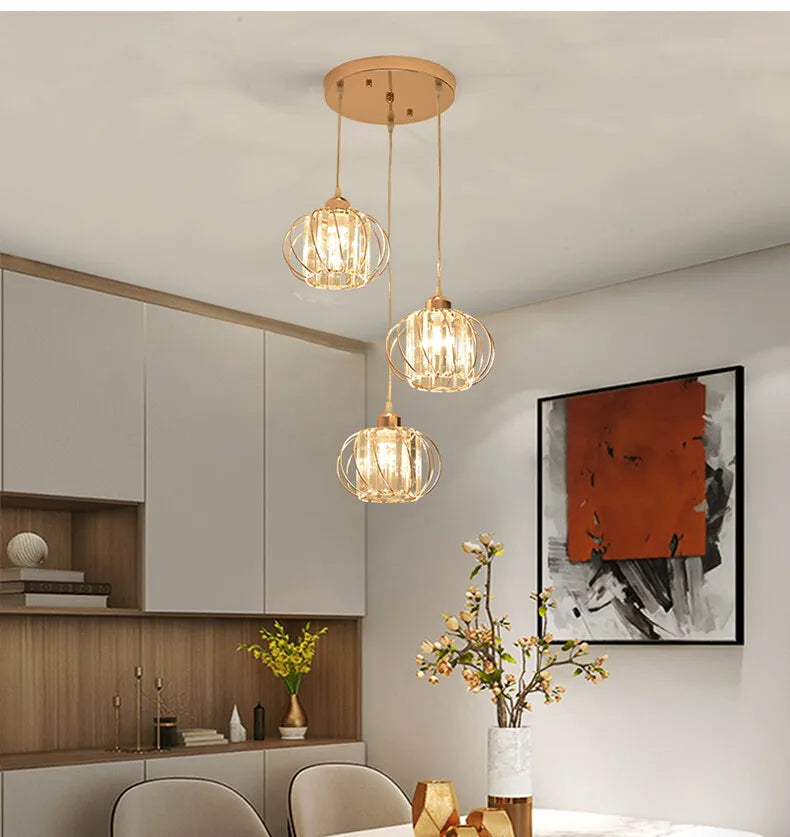 Lustre de Cristal LED Pendente — Luminária Nórdica Preta para Sala de Jantar