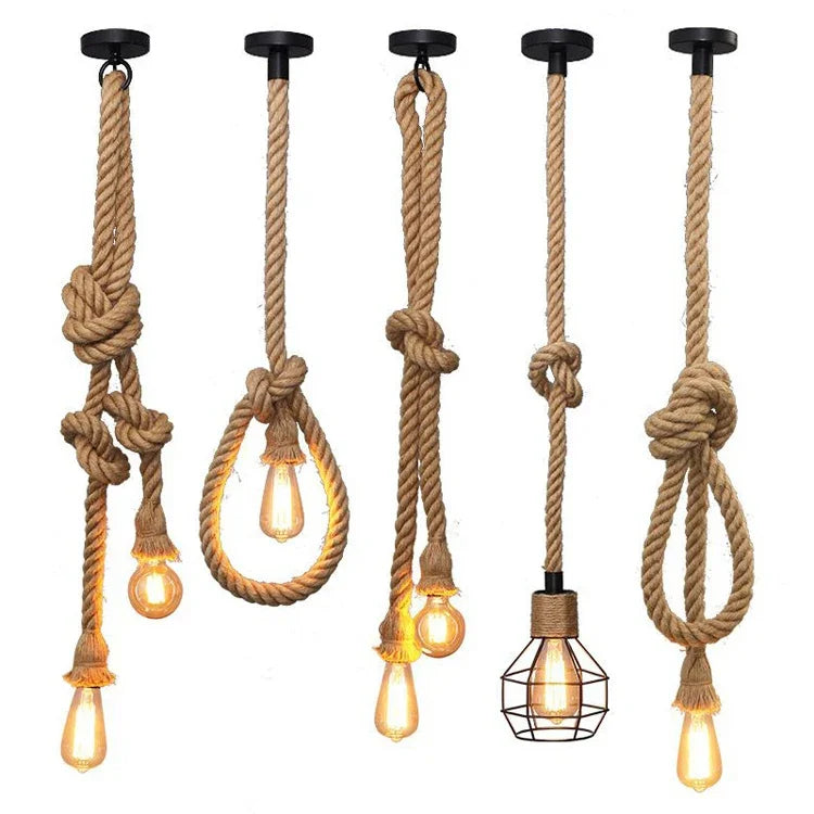 Pendente de Corda de Sisal Vintage Estilo Americano — Lustre Industrial Trançado para Bar e Sala