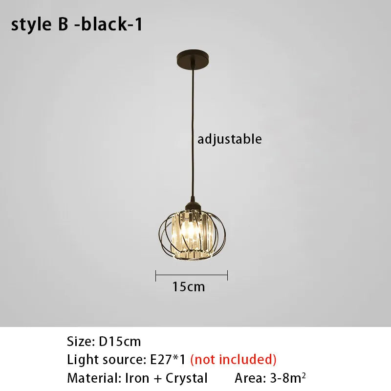 Lustre de Cristal LED Pendente — Luminária Nórdica Preta para Sala de Jantar