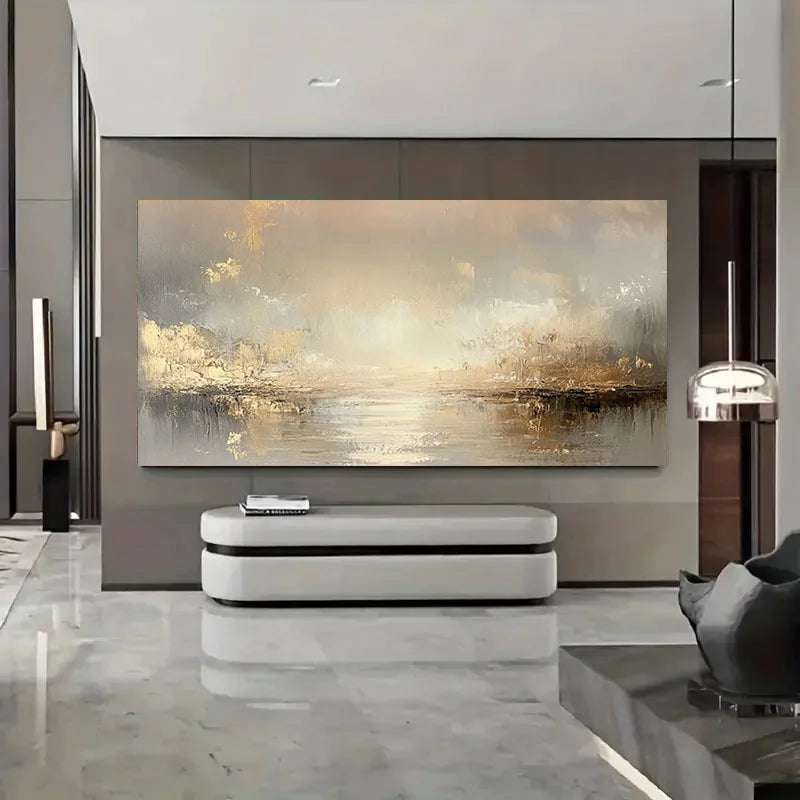 Quadro Decorativo Abstrato Bege e Dourado Texturizado — Pintura Sem Moldura para Sala