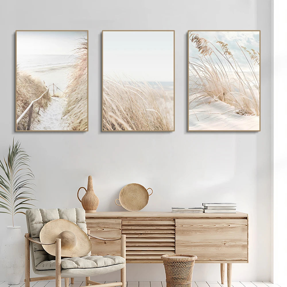 Kit 3 Quadros Paisagem Praia Branca — Arte Nórdica para Sala e Quarto