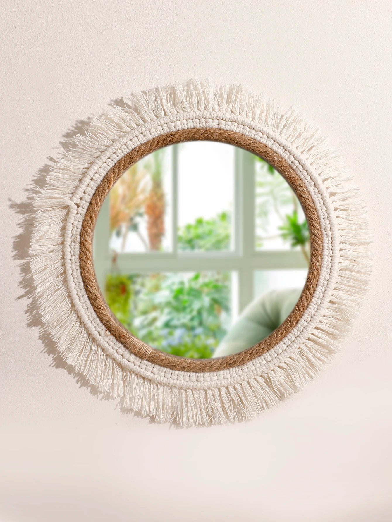 Espelho Decorativo Boho Tecido Trançado Redondo — Tapeçaria para Quarto e Sala