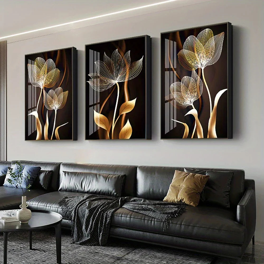 Kit 3 Quadros Flores Preto e Dourado — Arte Abstrata Moderna para Sala