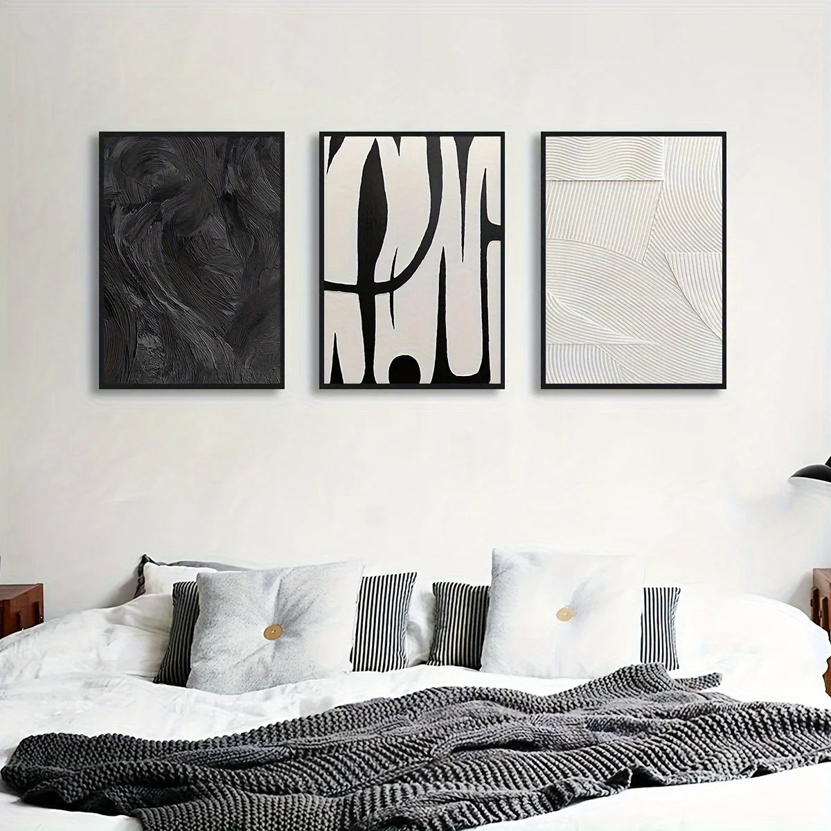 Kit 3 Quadros Abstratos Preto e Branco — Arte em Textura para Decoração