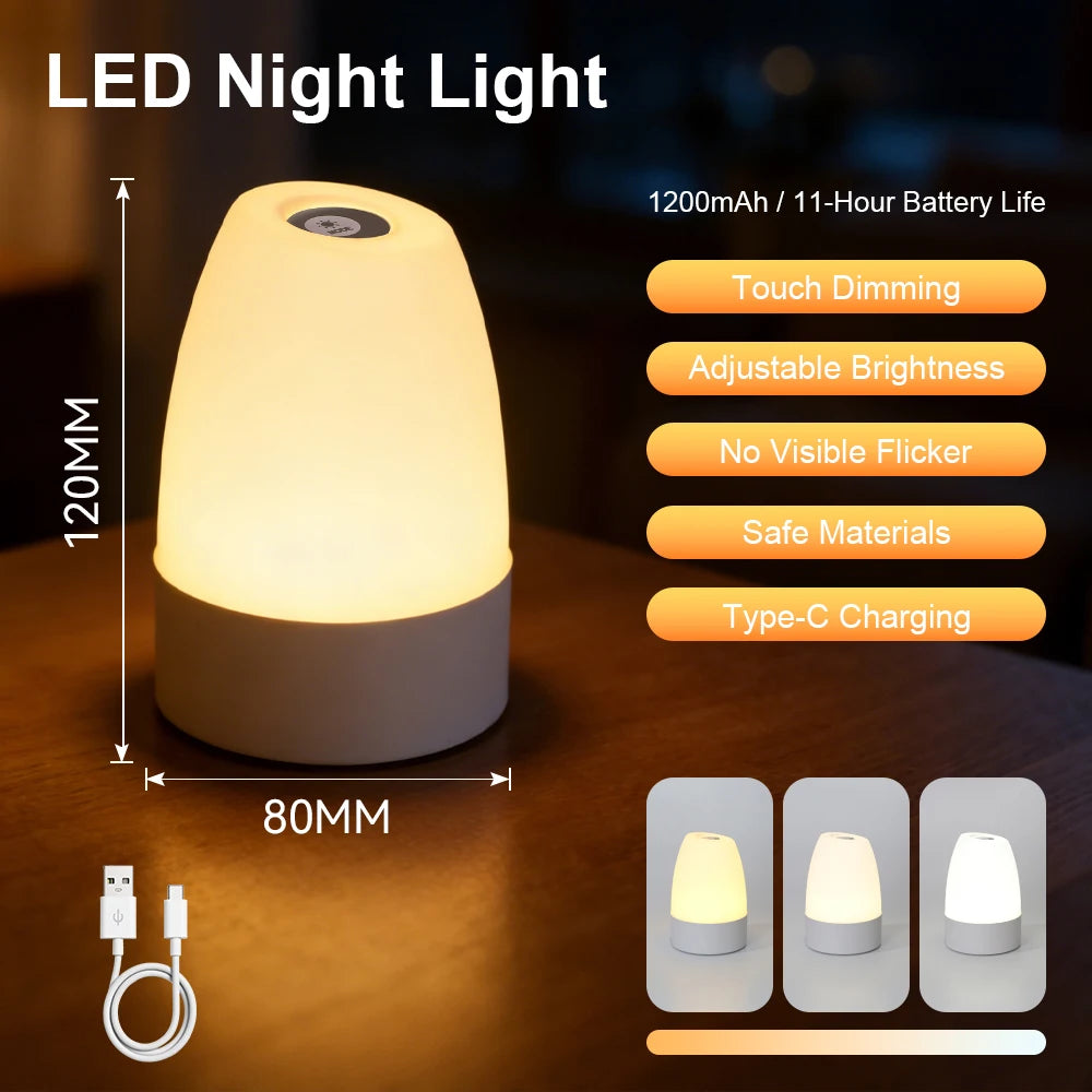 Luminária de Mesa Touch com Luz Noturna — 3 Modos Reguláveis e Recarregável para Quarto