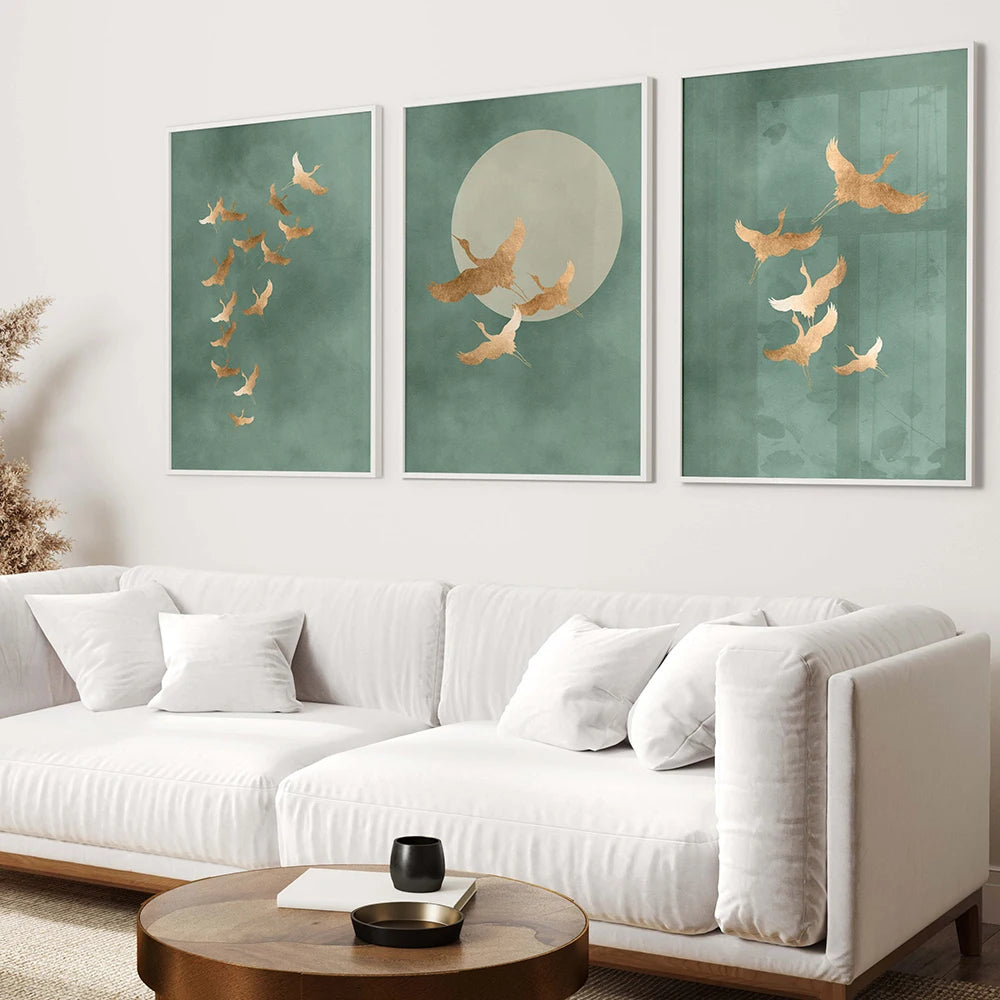 Kit 3 Quadros Garças Japandi Verde Sage — Arte Japonesa Minimalista para Sala e Quarto