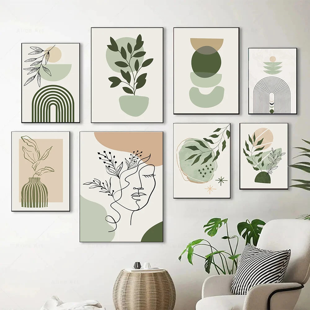 Quadro Decorativo Plantas Verde Sage Boho — Arte Geométrica Nórdica para Sala
