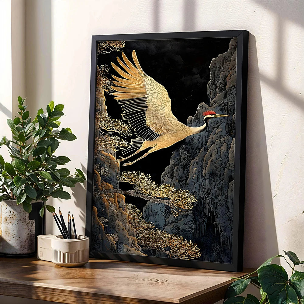 Quadro Decorativo Garça Oriental sem Moldura — Arte Zen para Sala e Quarto