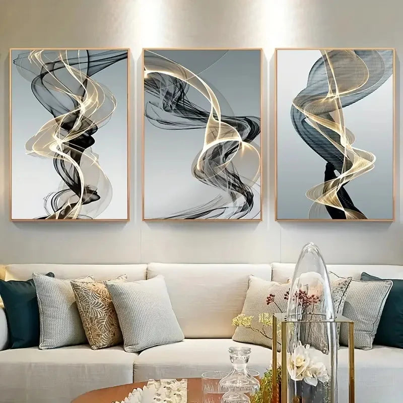 Kit 3 Quadros Canvas Ribbon Abstrato — Arte Nórdica para Quarto, Sala e Corredor