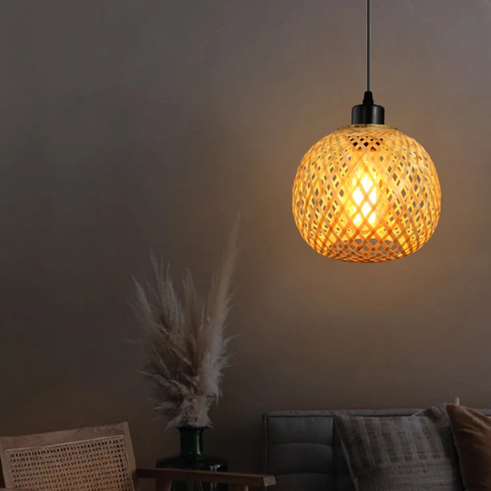 Pendente Bambu Rattan Natural — Luminaria Suspensa Artesanal