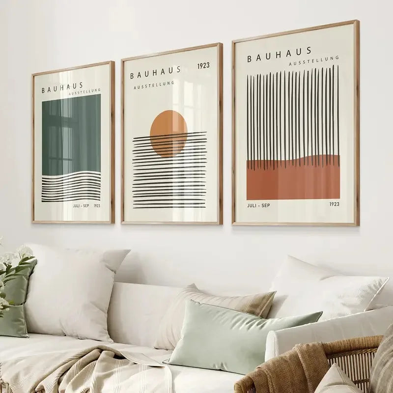 Kit 3 Quadros Geométrico Bauhaus Laranja e Bege — Arte Boho para Sala