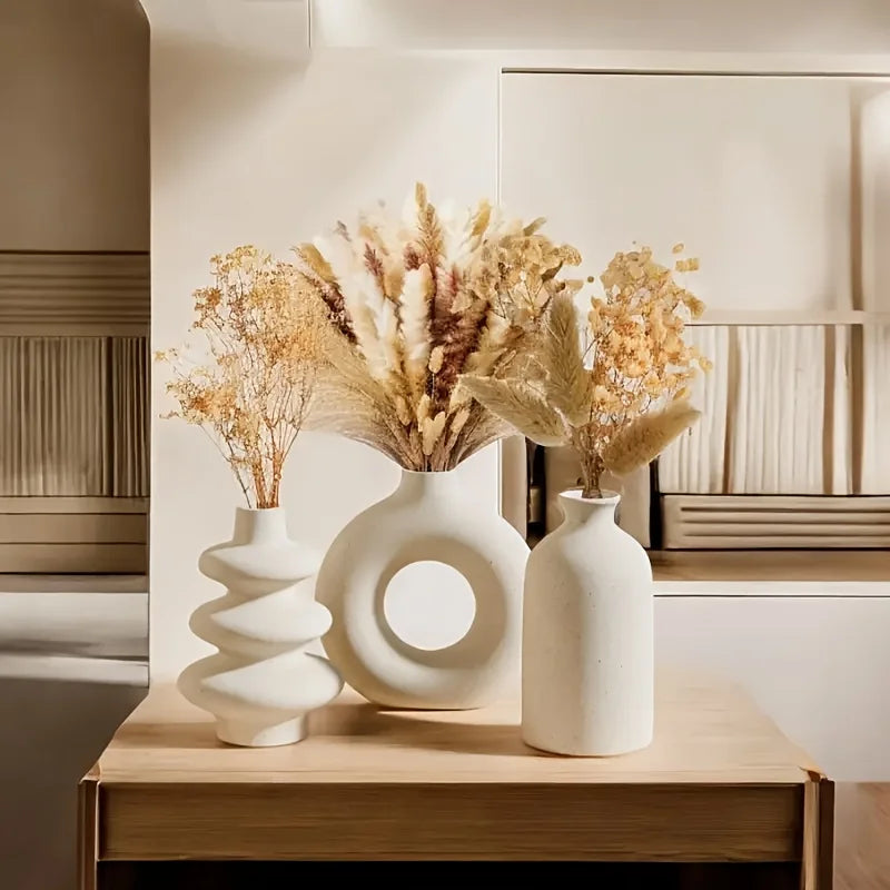 Kit 3 Vasos Cerâmica Boho Branco — Ornamentos Decorativos para Sala, Quarto e Casamento