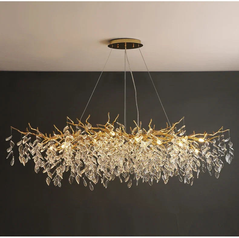 Lustre de Cristal Dourado LED — Pendente de Luxo para Sala