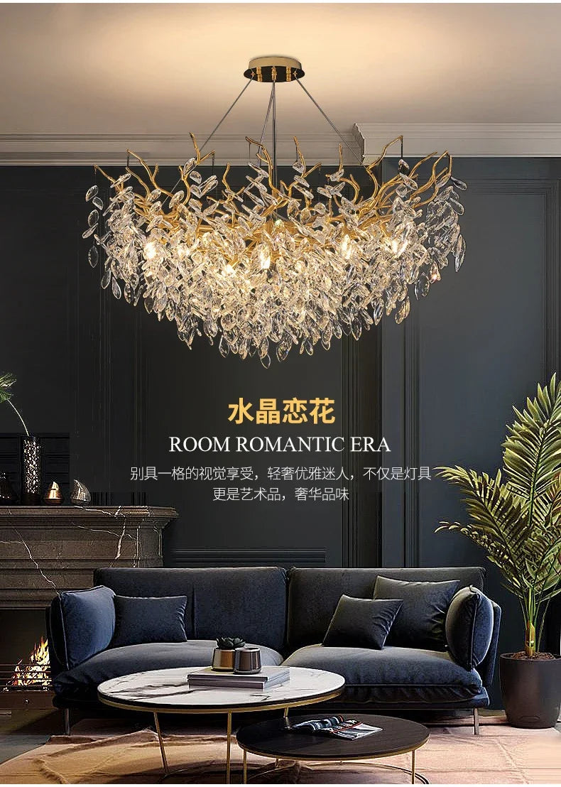 Lustre de Cristal Dourado LED — Pendente de Luxo para Sala