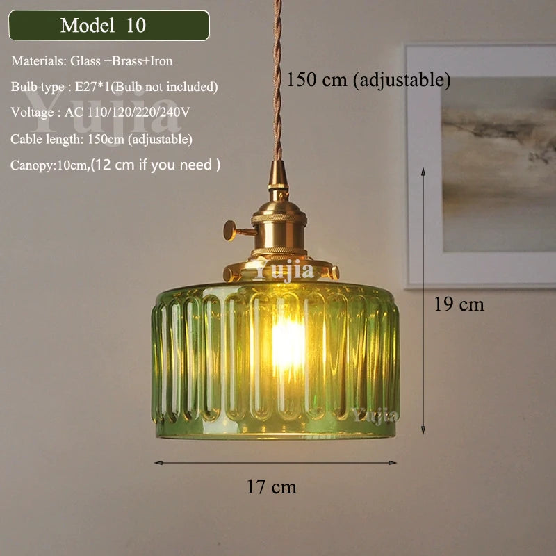 Pendente Nórdico Vidro Verde — Luminária de Latão para Cozinha e Sala de Jantar
