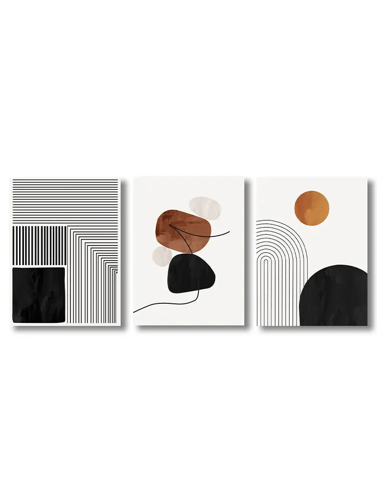 Kit 3 Quadros Canvas Arte Geométrica Abstrata — Linhas Preto e Branco Nórdico