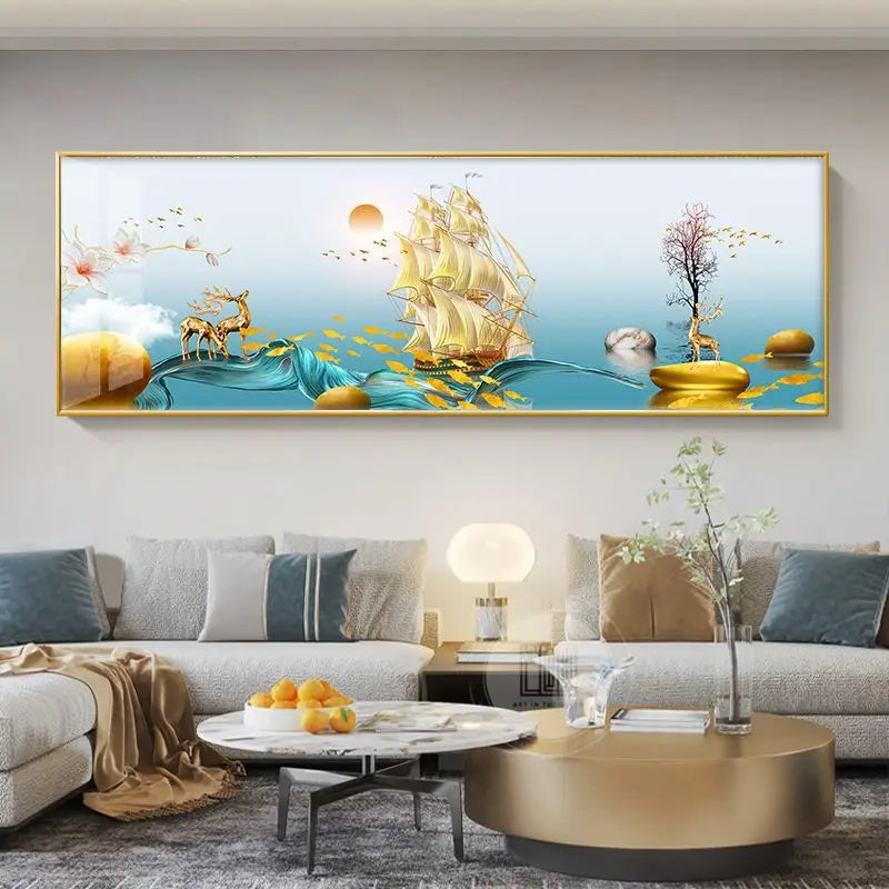 Quadro Decorativo Cervo Dourado Estilo Chinês — Arte Feng Shui para Sala sem Moldura