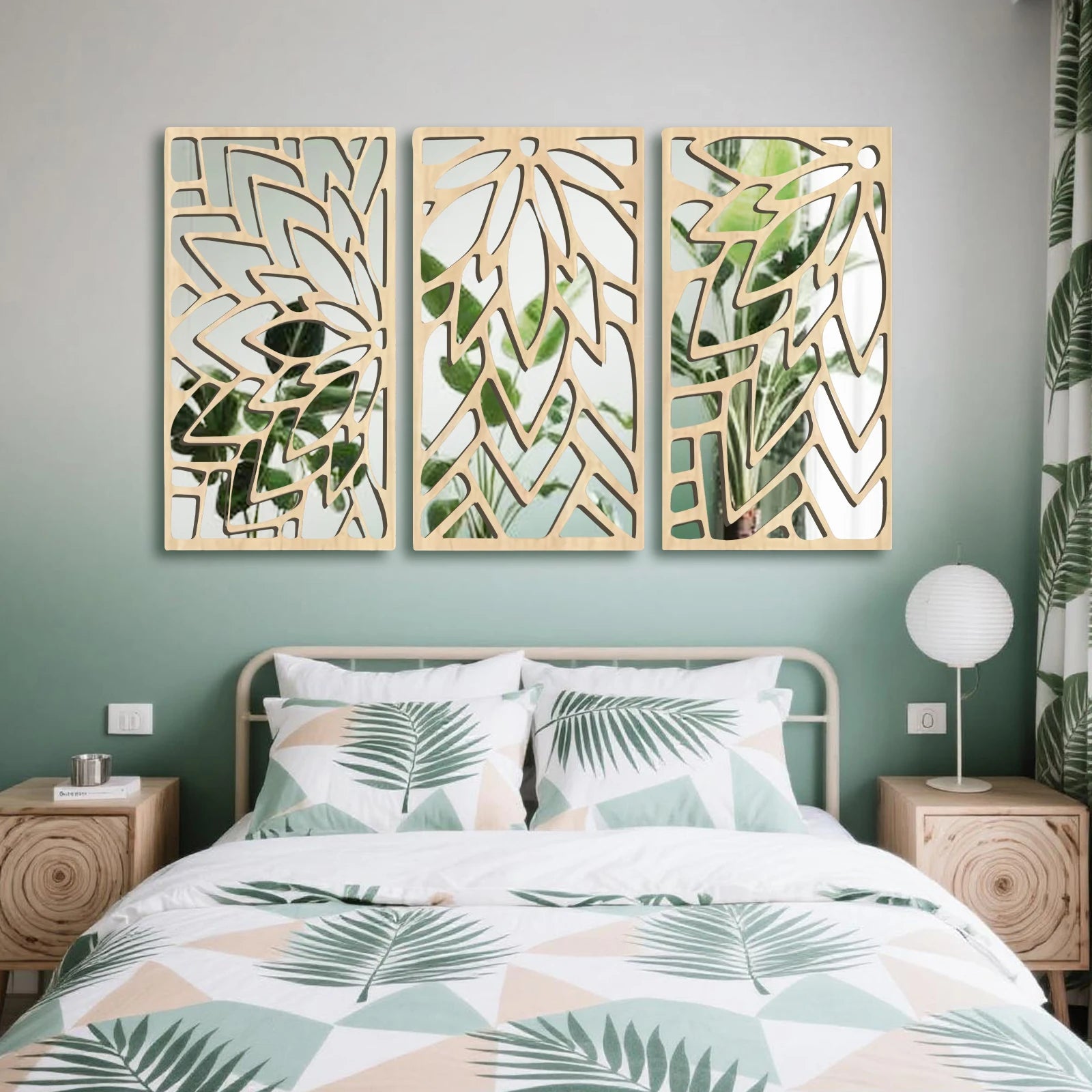 Espelho de Parede Dupla Camada Folha de Madeira 3 Peças — Decorativo 40cm para Sala