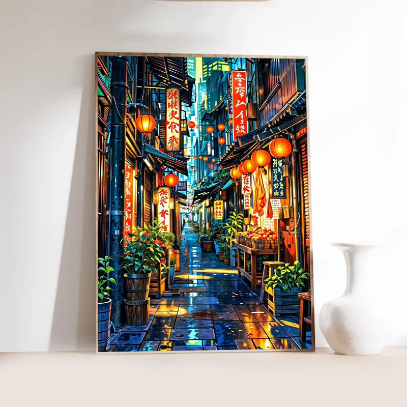 Quadro Decorativo Rua Japonesa Estilo Mangá — Arte Noturna para Sala e Café