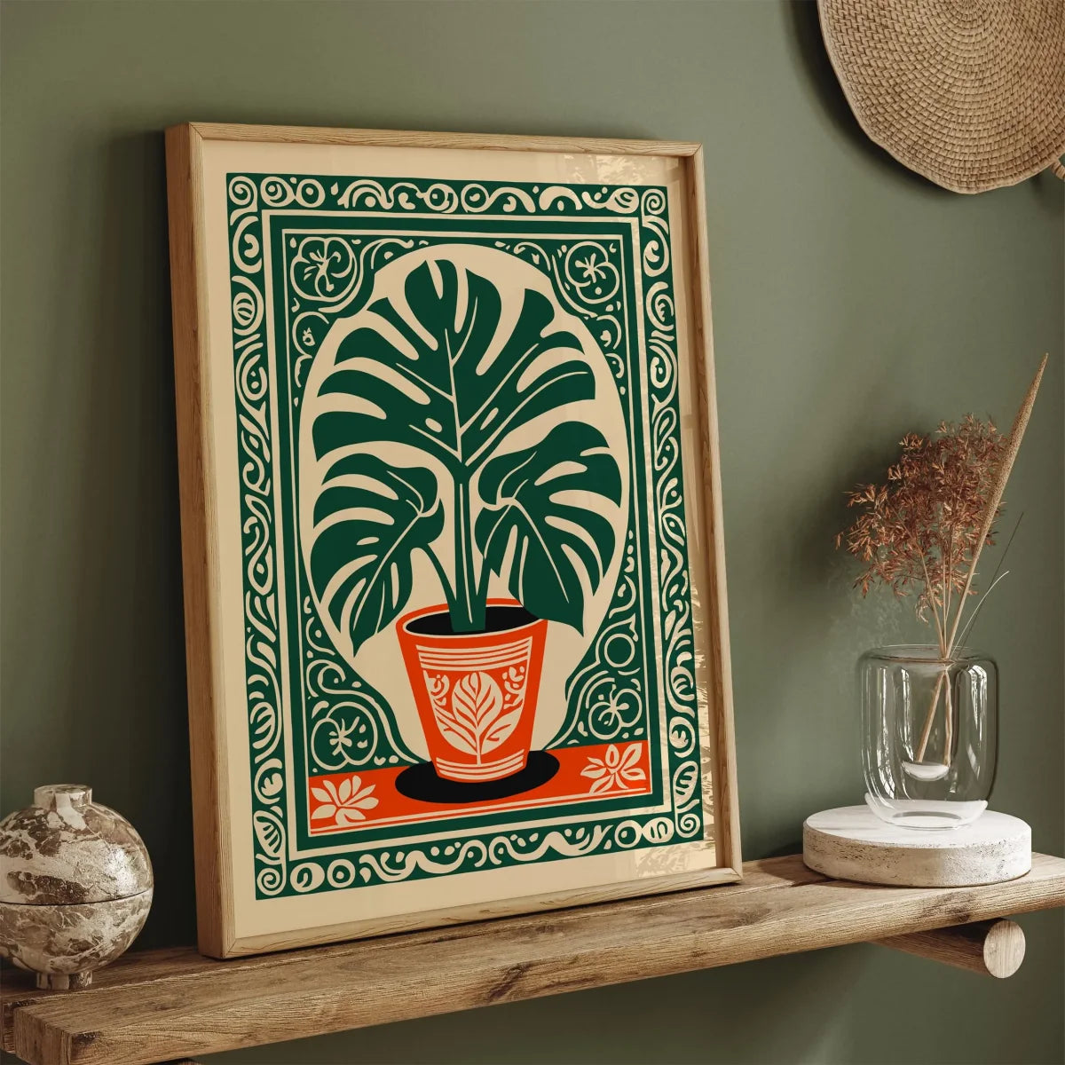 Quadro Decorativo Costela-de-Adão Boho — Arte Botânica Vintage para Quarto
