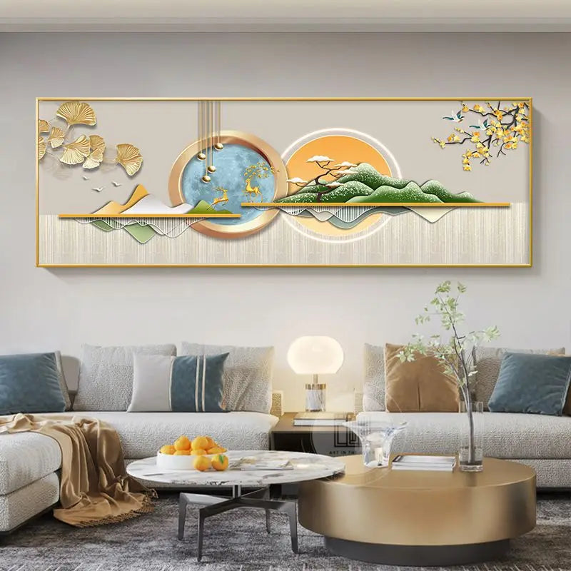 Quadro Decorativo Cervo Dourado Estilo Chinês — Arte Feng Shui para Sala sem Moldura